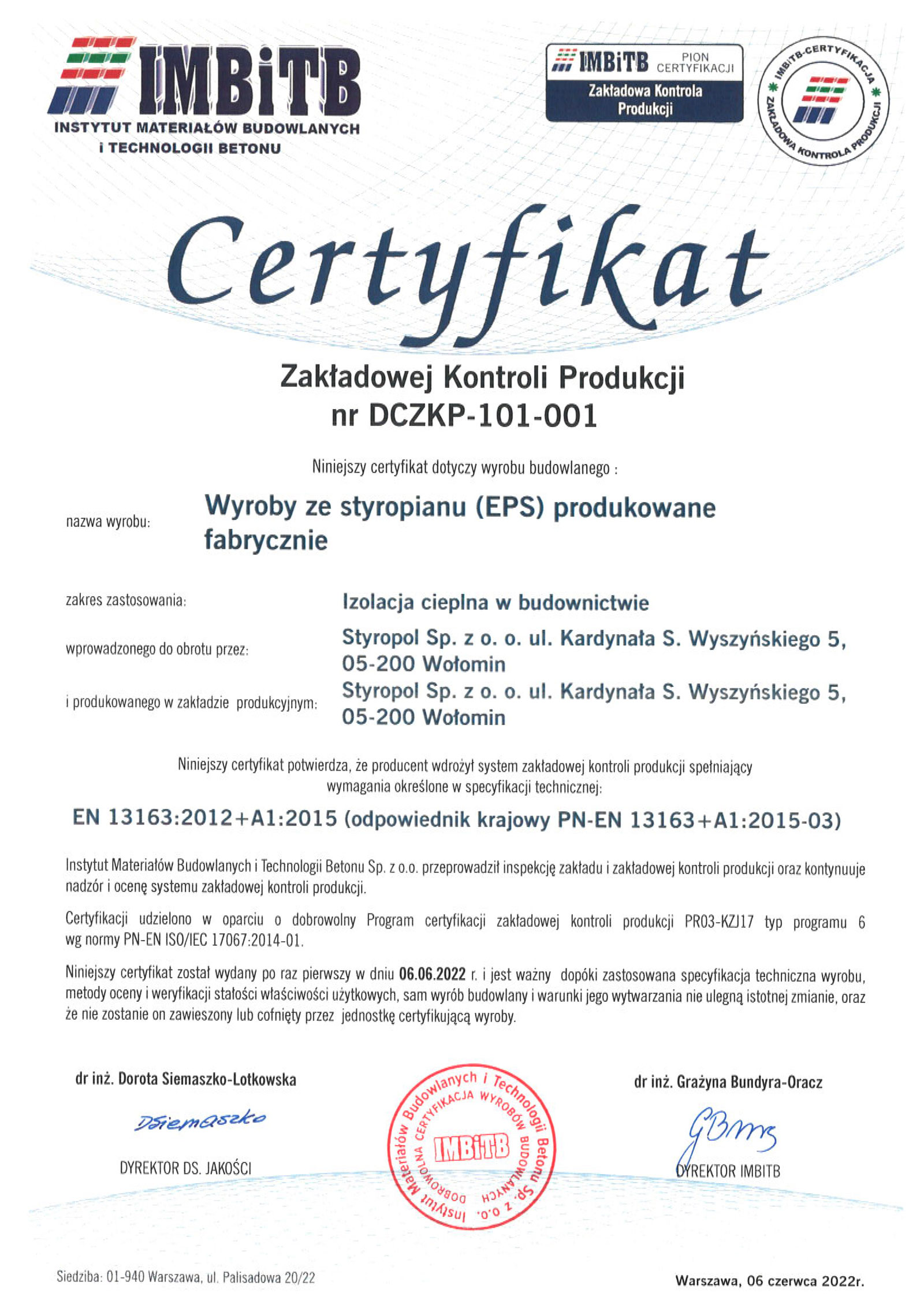 Certyfikat Styropol
